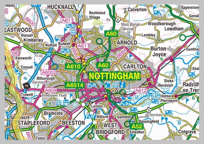Map of Nottingham and surrounding areas including suburbs and major roadways