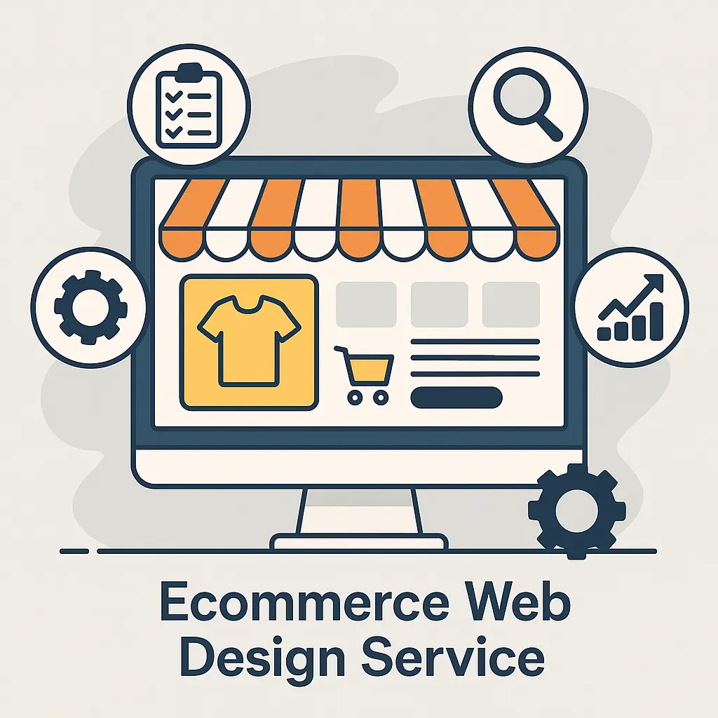 Flat-style illustration showing ecommerce web design elements, including a shopping cart, product listings, and user interface components — representing the features included in NPW Digital’s ecommerce web design service in Nottingham.