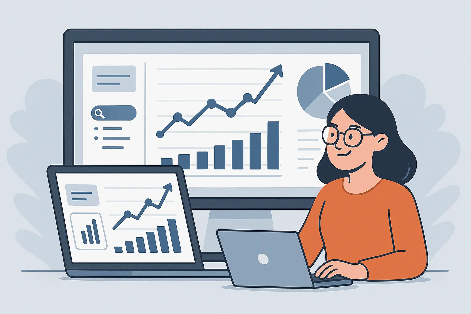 Illustration of a woman viewing an analytics dashboard on a large screen, displaying upward-trending graphs and performance metrics, symbolising website tracking and data-driven insights.